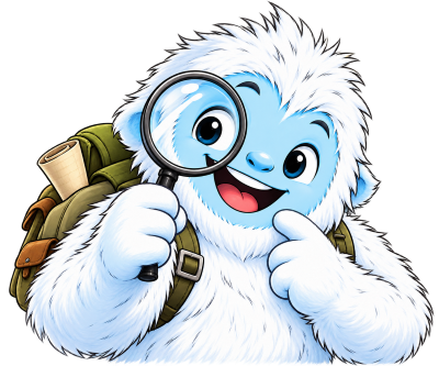 Mascotte Yéti'Créa observant avec une loupe