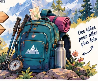 Sac à dos et matériel d’exploration au pied des montagnes