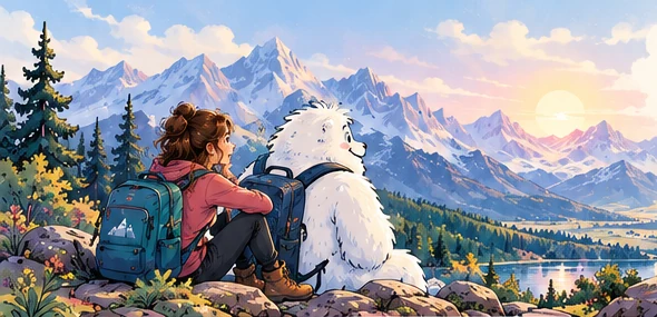 Une créatrice et un Yéti contemplent un paysage de montagne
