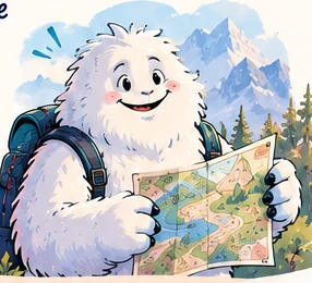 Le Yéti explore un paysage de montagne avec une carte
